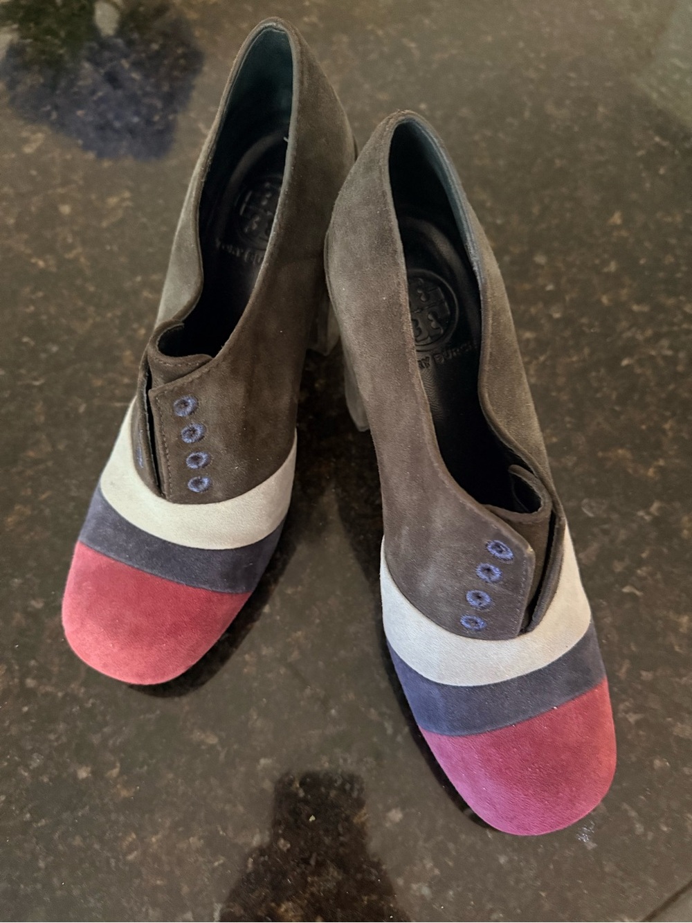 Tory Burch Suede Colorblock Pumps in Burgundy, Navy & Gray